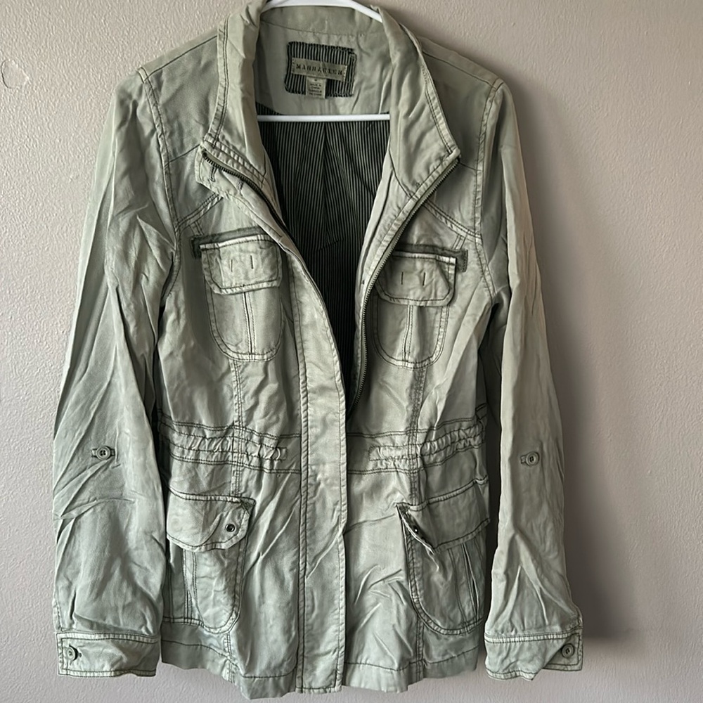Anthropologie Marrakech Sage Green Outdoor Jacket with Adjustable Waist Band